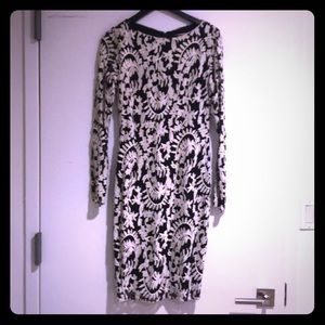 Navy white lace long sleeve open back dress